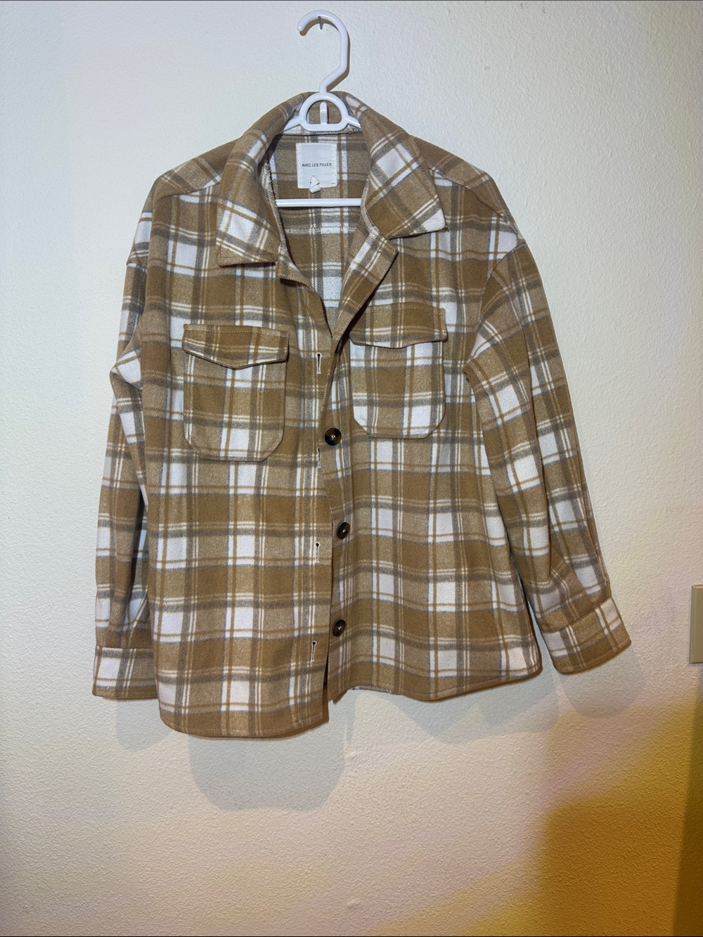Avec Les Filles Tan and White Plaid Shirt